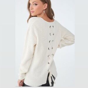 Lucky Brand boho criss cross lace up cream sweater boho cottage western cowgirl